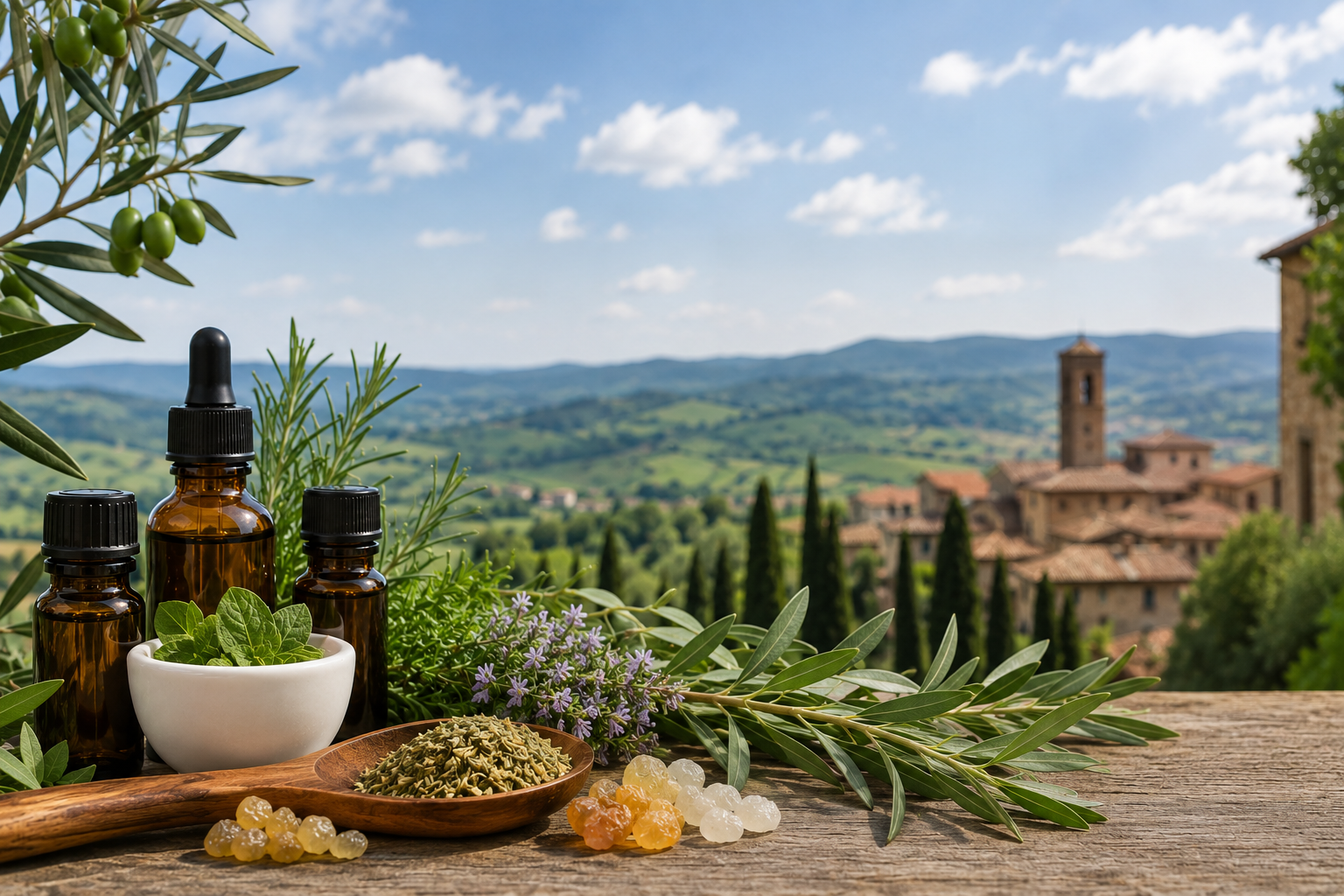Oli terpenici naturali ed erbe aromatiche disposti su un tavolo rustico con uno sfondo che raffigura la campagna italiana.