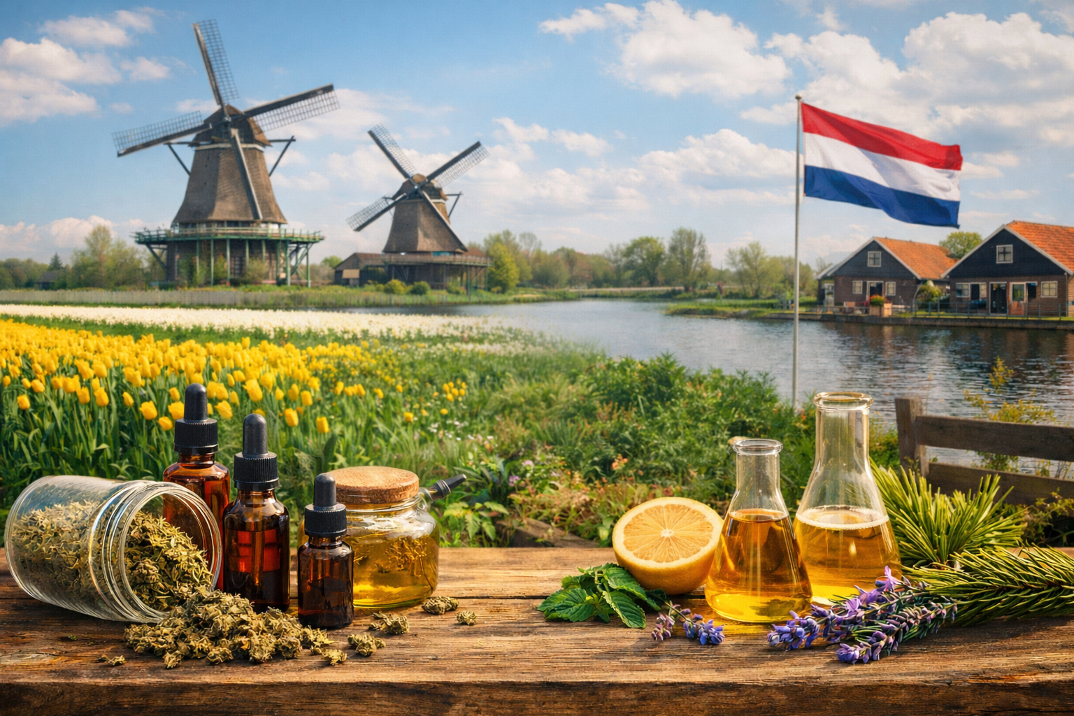 A scenic Dutch countryside with windmills, tulip fields, and traditional houses by a canal, featuring glass bottles of terpene oils, herbs, and citrus fruits arranged on a wooden table in natural sunlight.