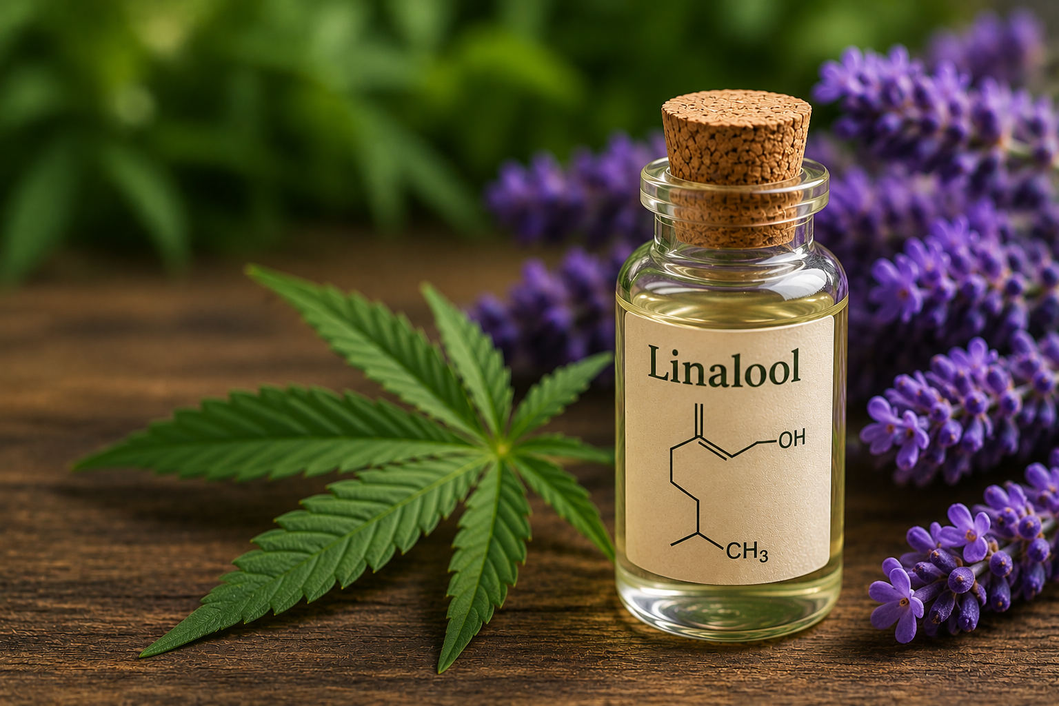 Linalool terpene bottle with lavender and cannabis leaf on wooden surface