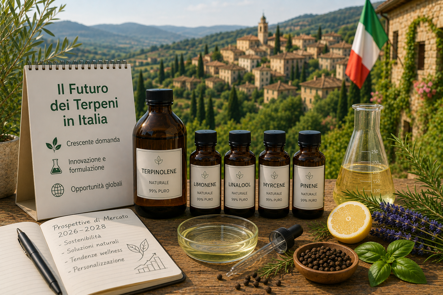 Terpene bottles and botanical ingredients displayed on a rustic table with an Italian countryside backdrop and market trend presentation.