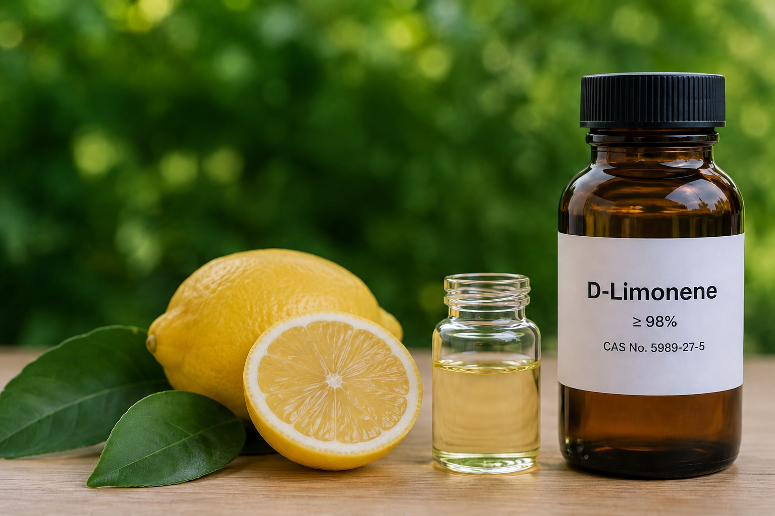 High-purity D-Limonene bottle with fresh lemons and citrus oil sample on a wooden surface against a natural green background.