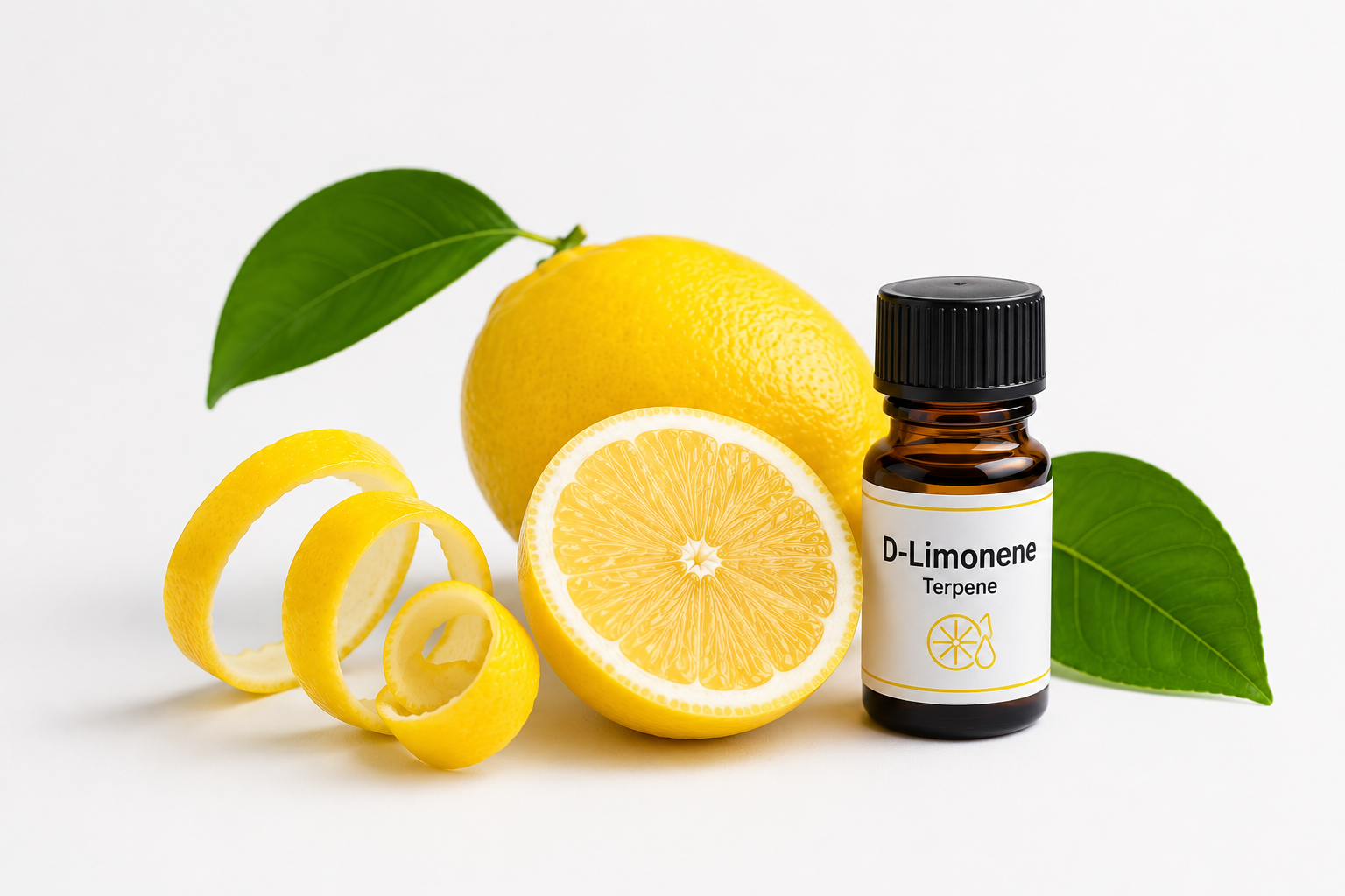 D-Limonene terpene essential oil bottle with fresh lemon slices and citrus peel on a clean white background.