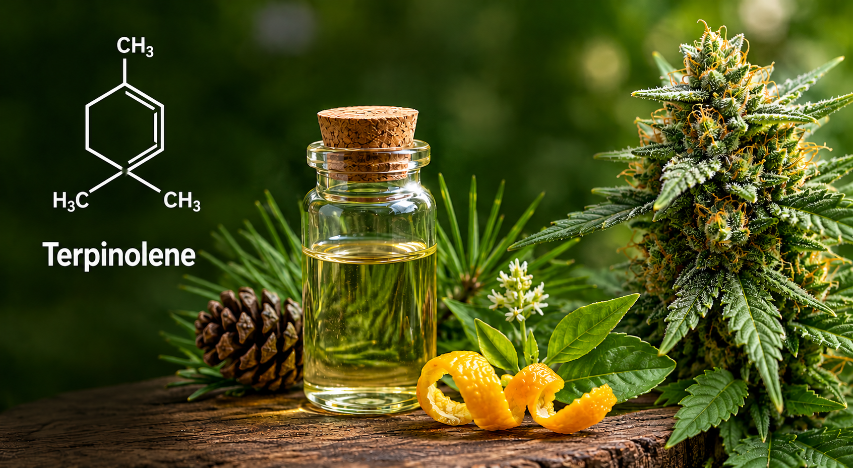 Terpinolene terpene structure with natural botanical oil and cannabis plant scene.