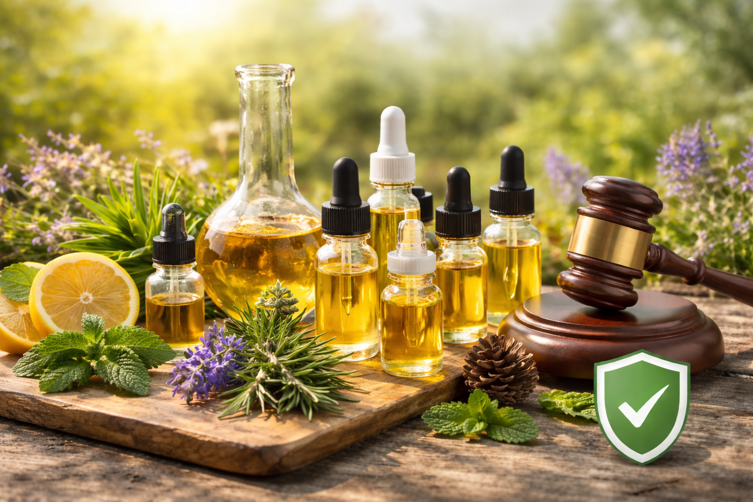 Flaschen mit natürlichem Terpenöl, daneben Kräuter und Zitrusfrüchte auf einem Holztisch, neben einem Richterhammer und einem Compliance-Schild – als Symbol für die Rechtslage und Vorschriften zu Terpenen in Deutschland.