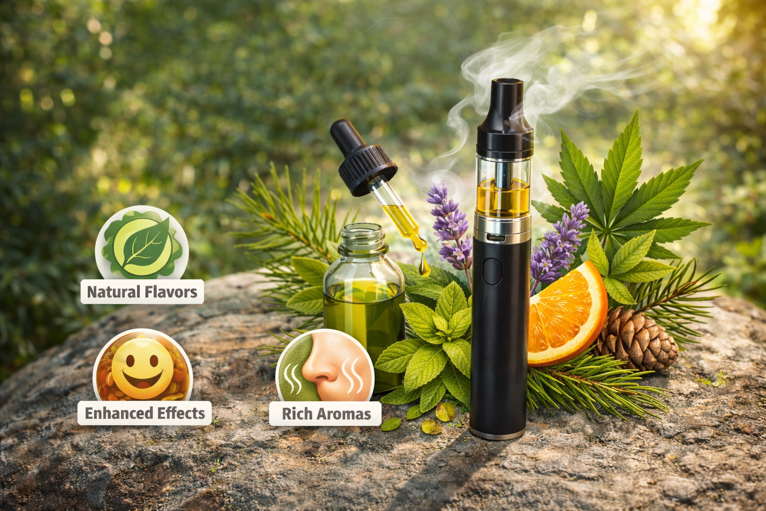 showing a vape pen with golden liquid vapor, surrounded by terpene ingredients like cannabis leaves, lavender, citrus, pine, and a dropper bottle, highlighting natural flavors, enhanced effects, and rich aromas.