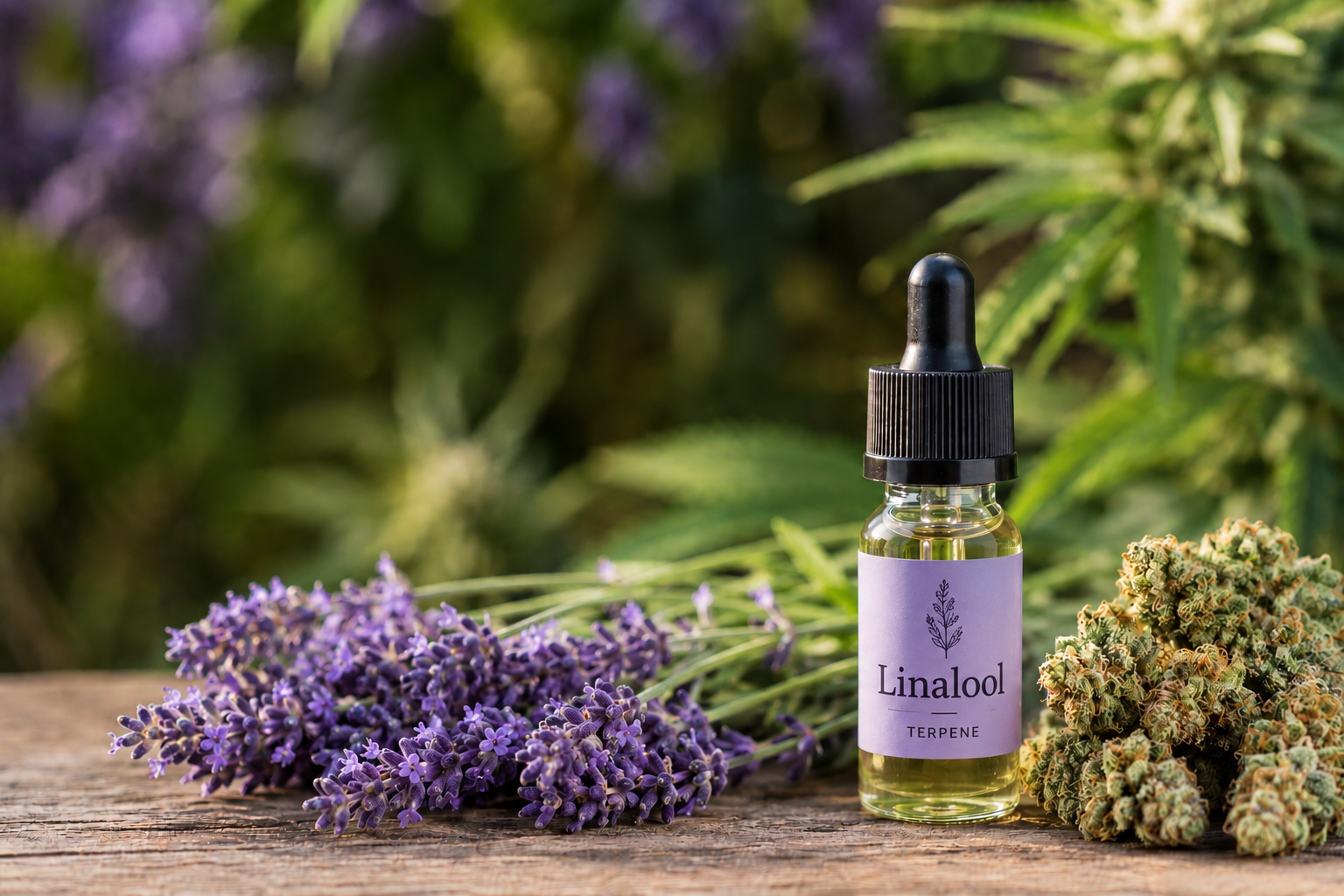 Linalool-Terpenöl mit Lavendel und Cannabisblüten in natürlicher Umgebung