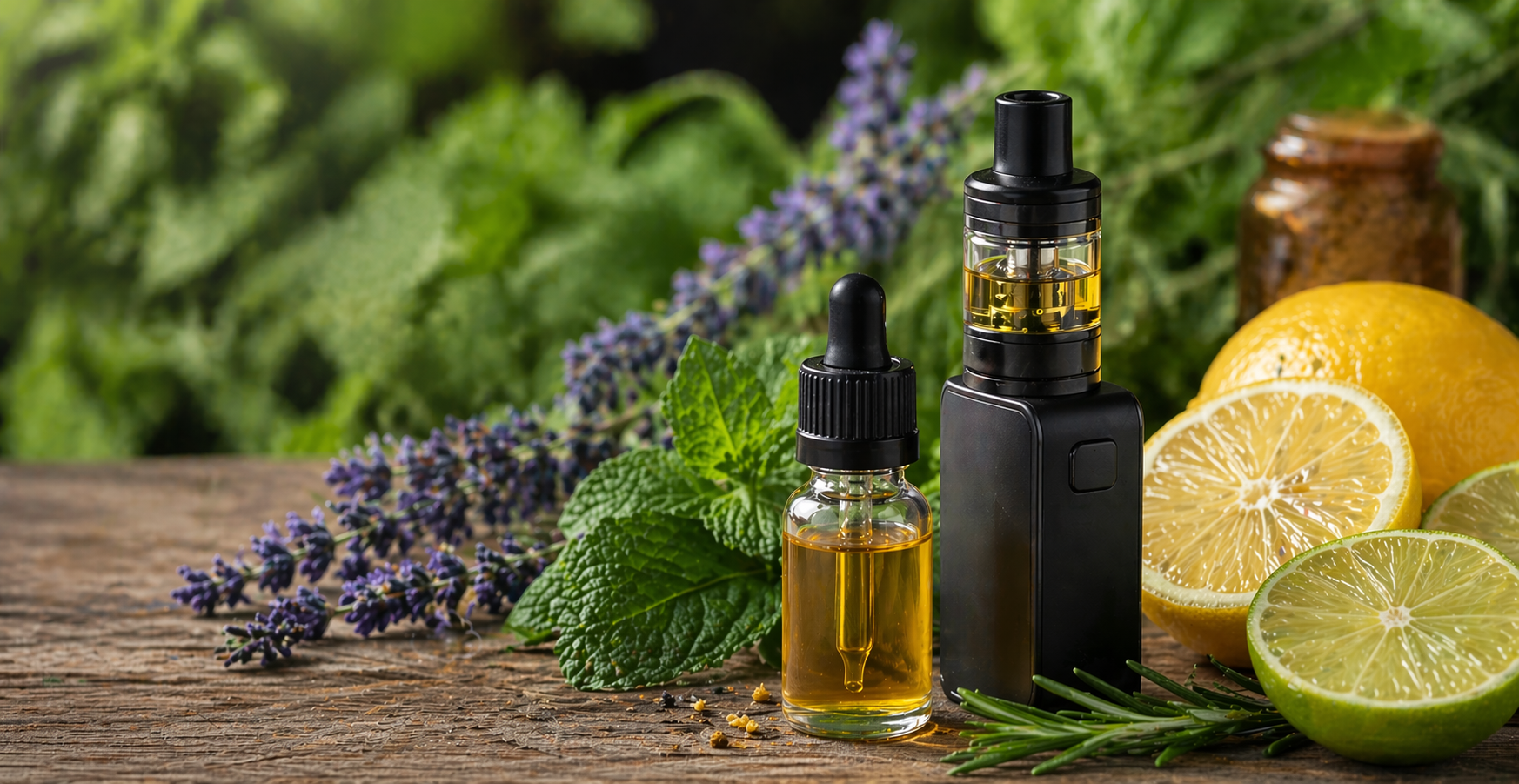 Vape device with terpene oil, fresh herbs, and sliced citrus on wooden table with green blurred background