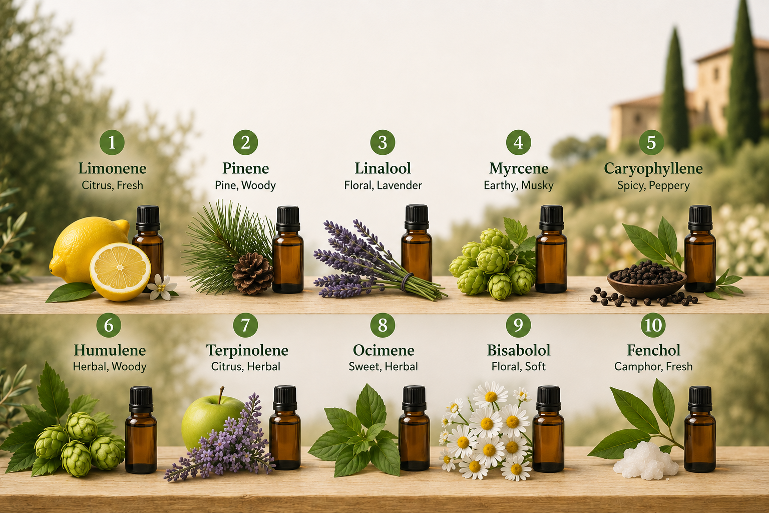 Infografía de estilo natural que muestra perfiles de terpenos populares, con ingredientes botánicos y frascos de aceites esenciales, en un entorno rural italiano.