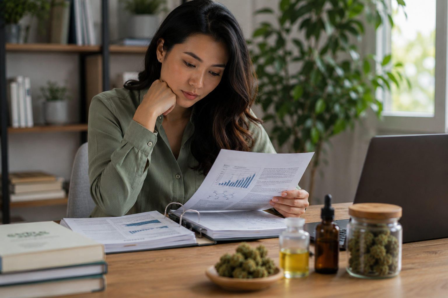 Woman reviewing myrcene terpene research documents with cannabis samples and terpene oil at a home office desk.