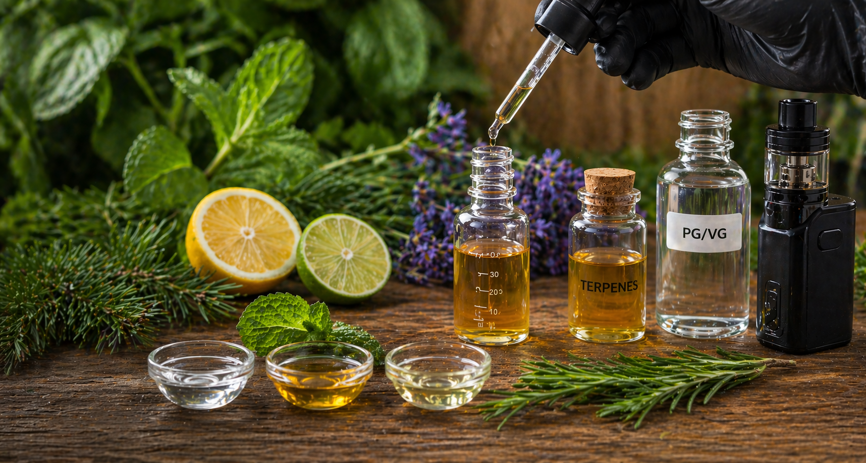 Dropper adding terpene oil to bottle with vape device, herbs, and citrus on wooden table