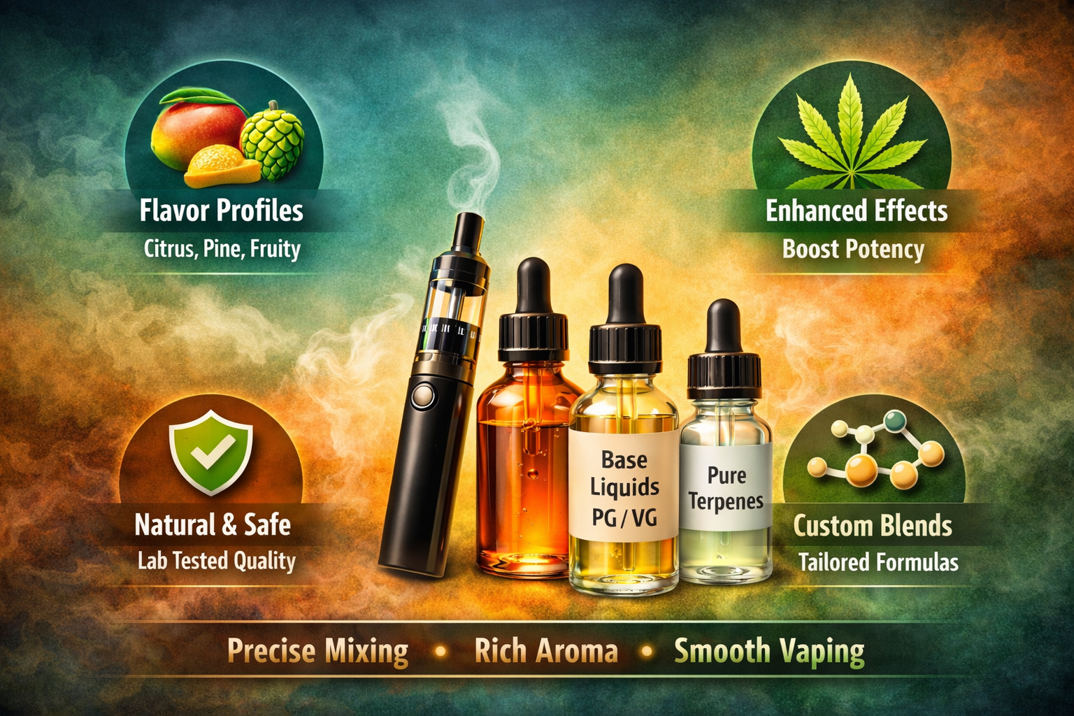 Infographic of terpene isolate bottles with natural ingredients showing aroma and purity benefits.