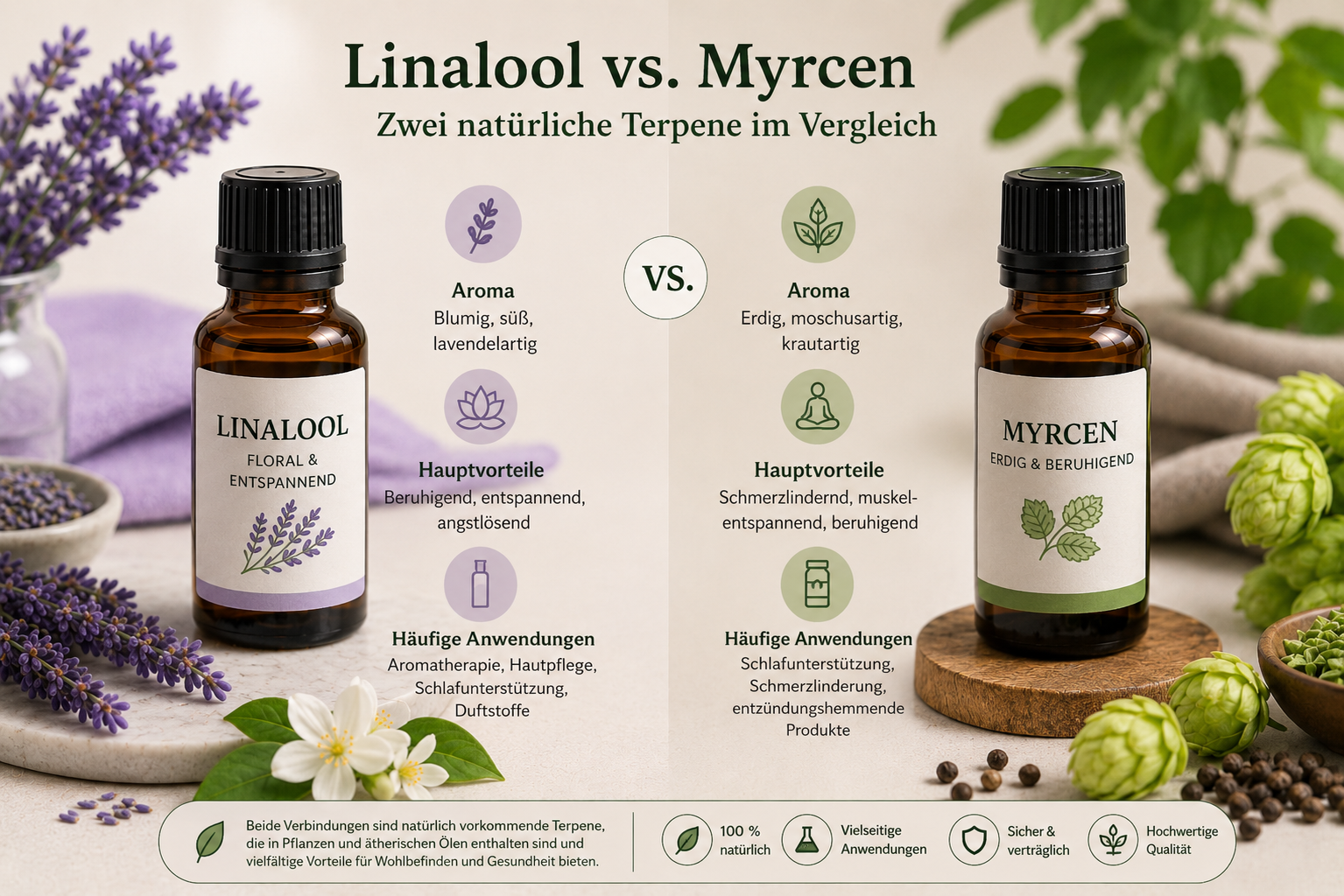 Infografik: Linalool vs. Myrcen – Vergleich von Aroma, Vorteilen und Anwendungen natürlicher Terpene