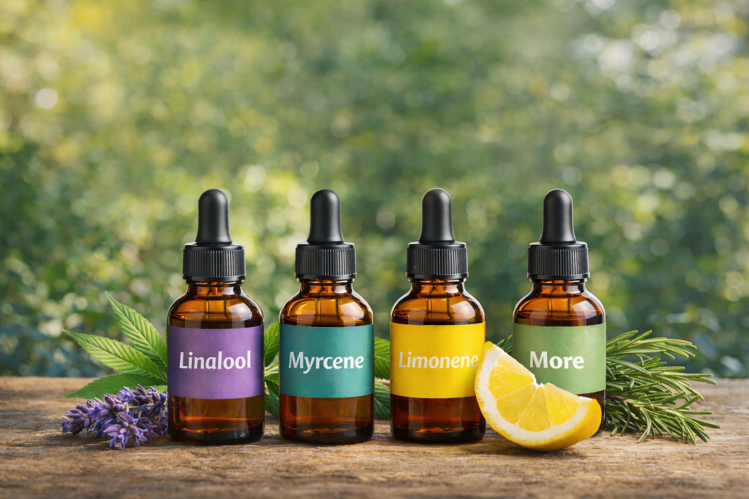 image of four amber dropper bottles with terpene isolates on a wooden surface, surrounded by lavender, cannabis leaves, lemon, and rosemary, with a soft green blurred background.