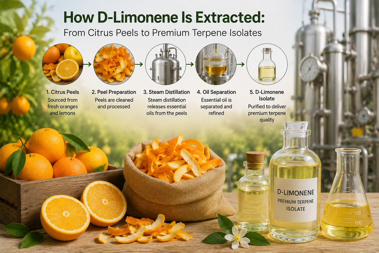 How D-Limonene Is Extracted from Citrus Peels to Premium Terpene Isolates, showcasing citrus processing, essential oil extraction, distillation, purification, and terpene production.