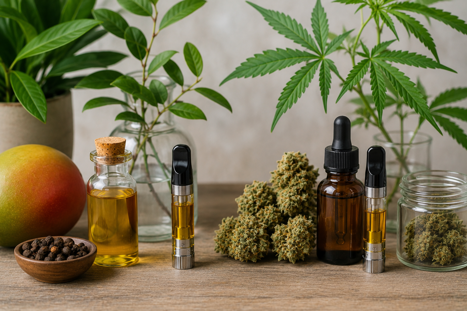 Botanical vs cannabis-derived myrcene terpene vape oils with natural plant ingredients