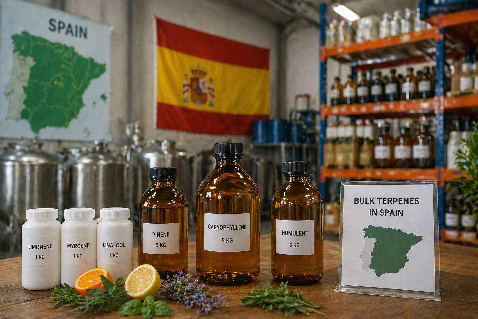 Amber terpene bottles on a table with herbs and citrus in a Spanish lab setting.