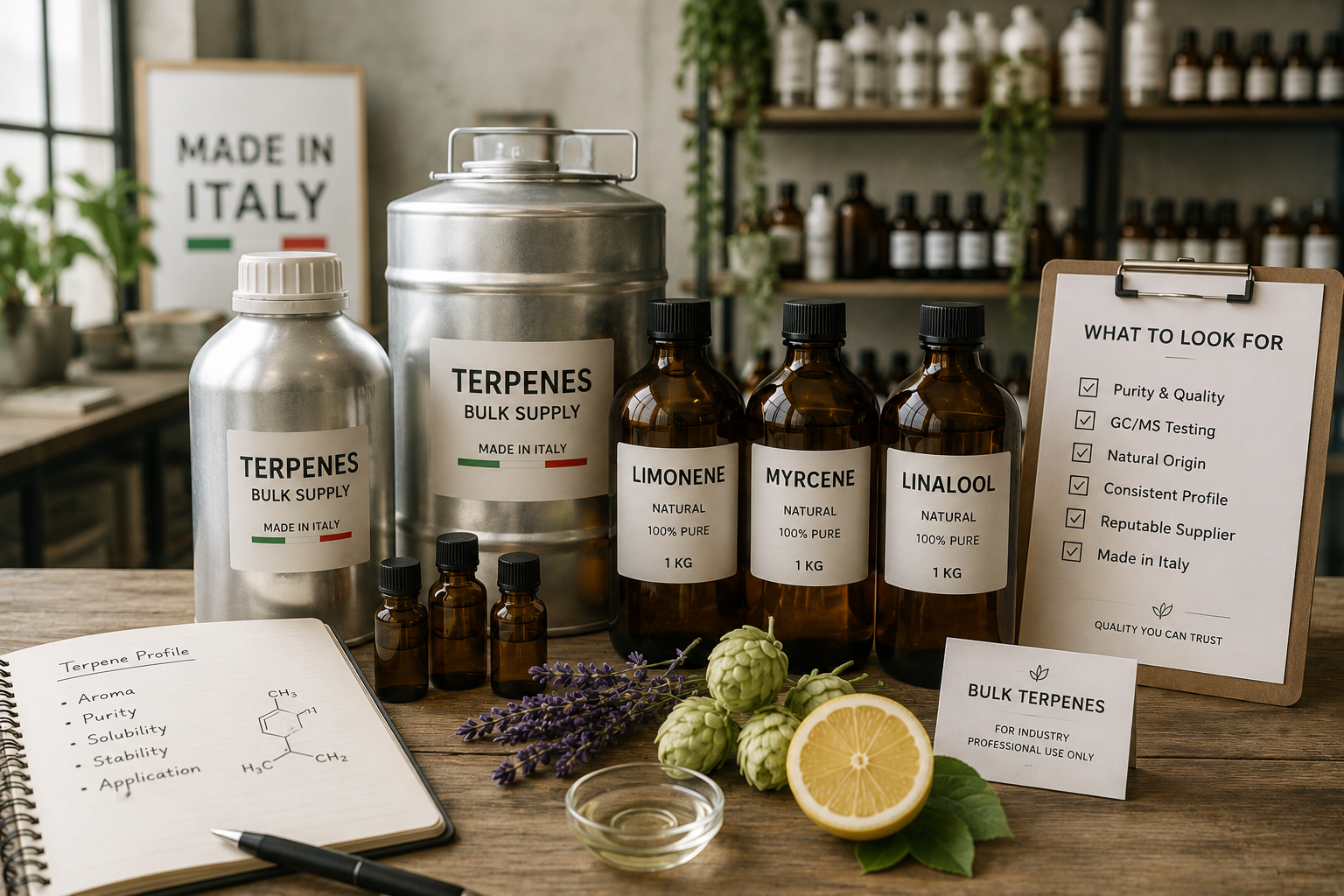 Bulk terpene containers and isolate bottles with lavender, hops, and lemon in a professional Italian workshop setting.