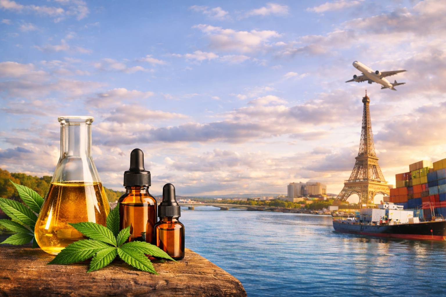 image of terpene oil bottles and a glass flask on a wooden surface with cannabis leaves, set against a scenic Paris background featuring the Eiffel Tower, a cargo ship, and an airplane under a bright sky.