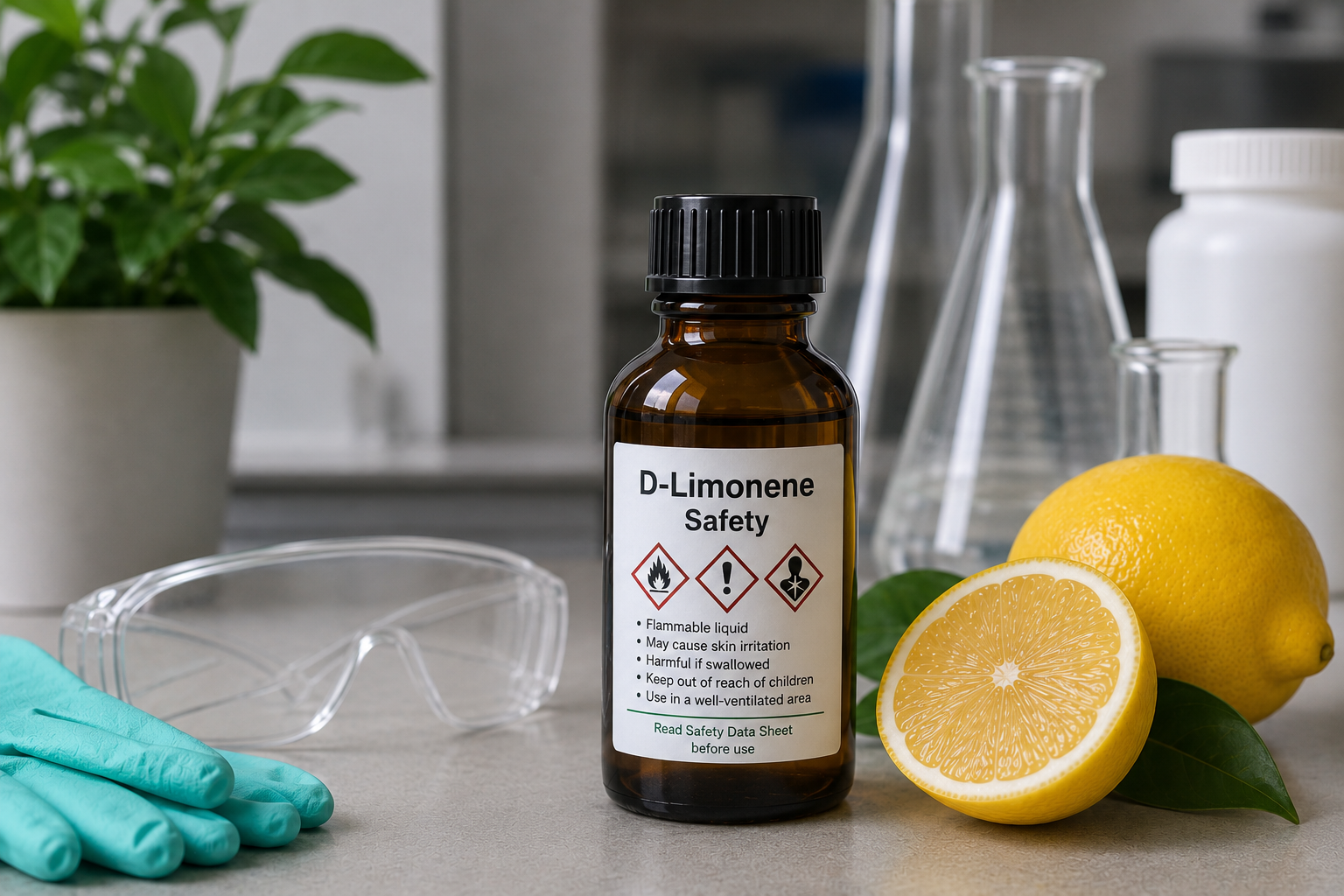 D-Limonene safety bottle with lemons, protective gloves, safety goggles, and laboratory glassware in a clean chemical handling workspace.