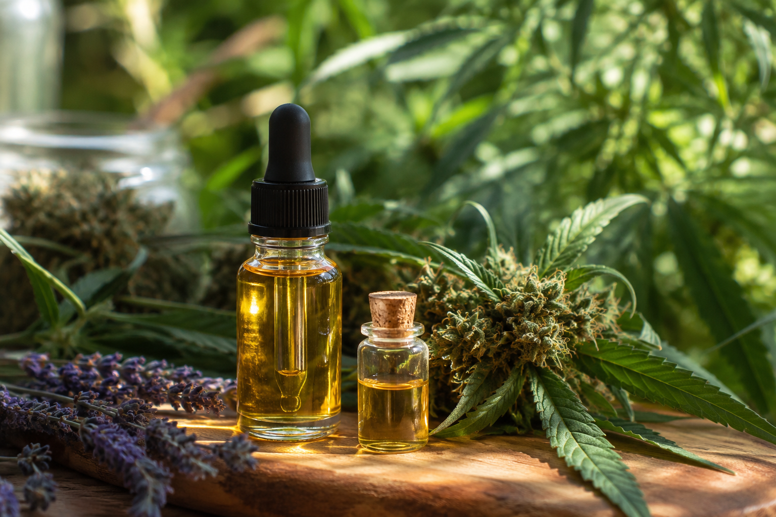 Close-up of cannabis oil bottles with cannabis buds and lavender on a wooden surface in natural light.