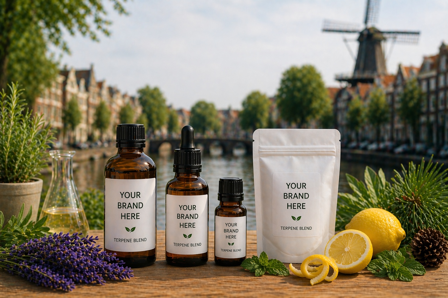 Terpene product bottles with blank labels and natural ingredients by a canal scene