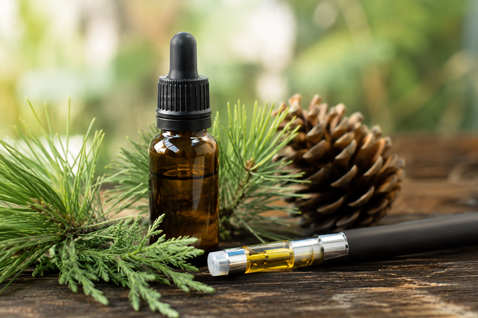 Natural terpinolene terpene vape oil bottle with vape cartridge, pine needles, and pine cone in a woodland-inspired setting.