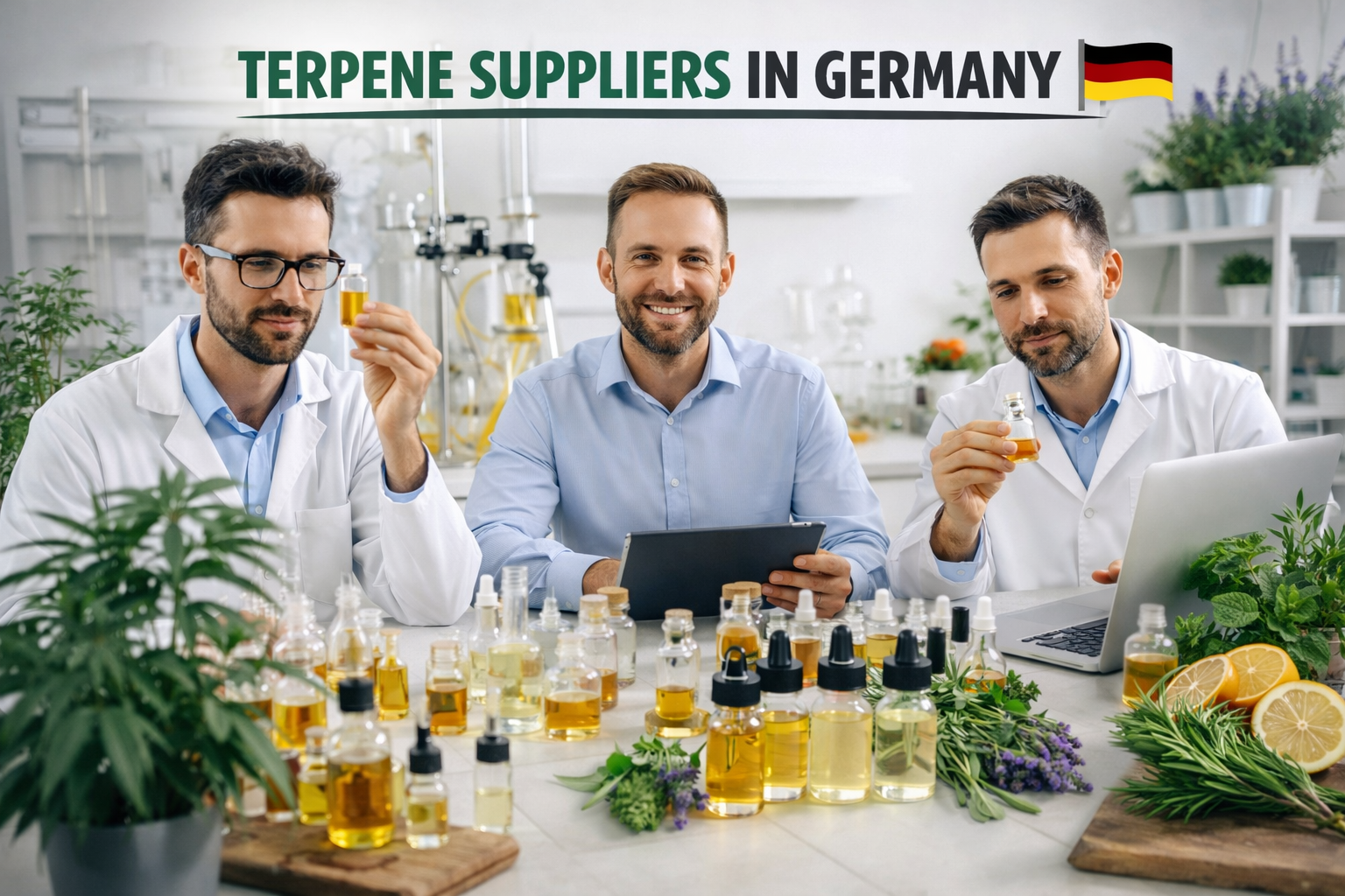 Three scientists in a laboratory examining terpene oil samples with various bottles and botanical ingredients, representing terpene suppliers and production in Germany.