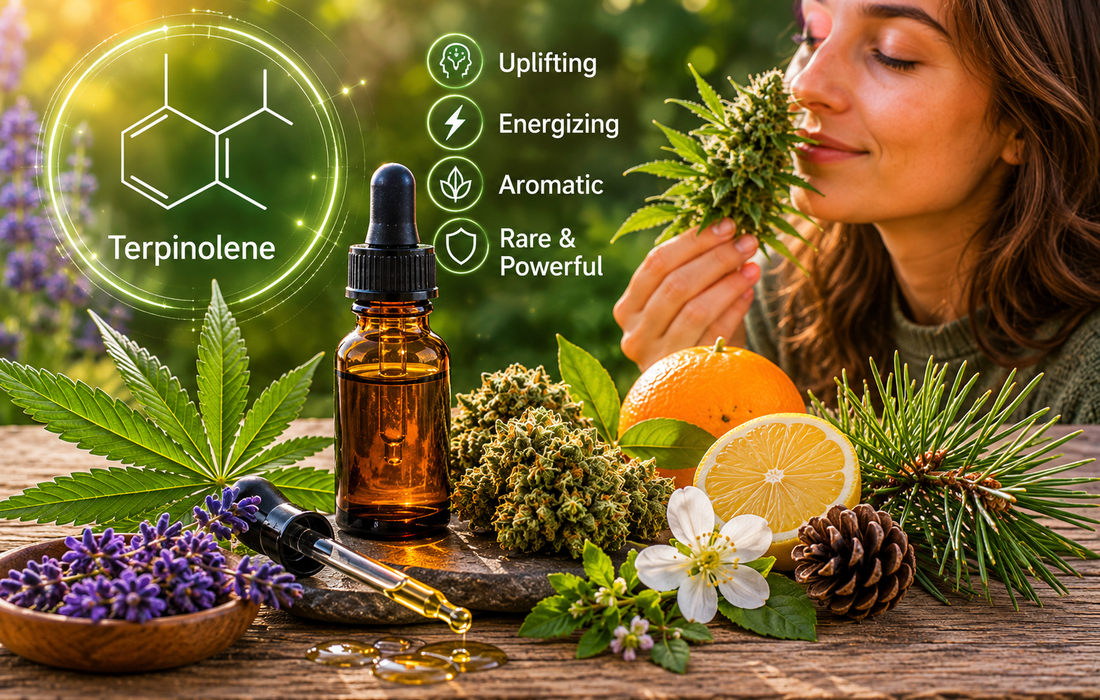 Terpinolene cannabis terpene with aromatic herbs, citrus, and essential oil in natural European wellness setting