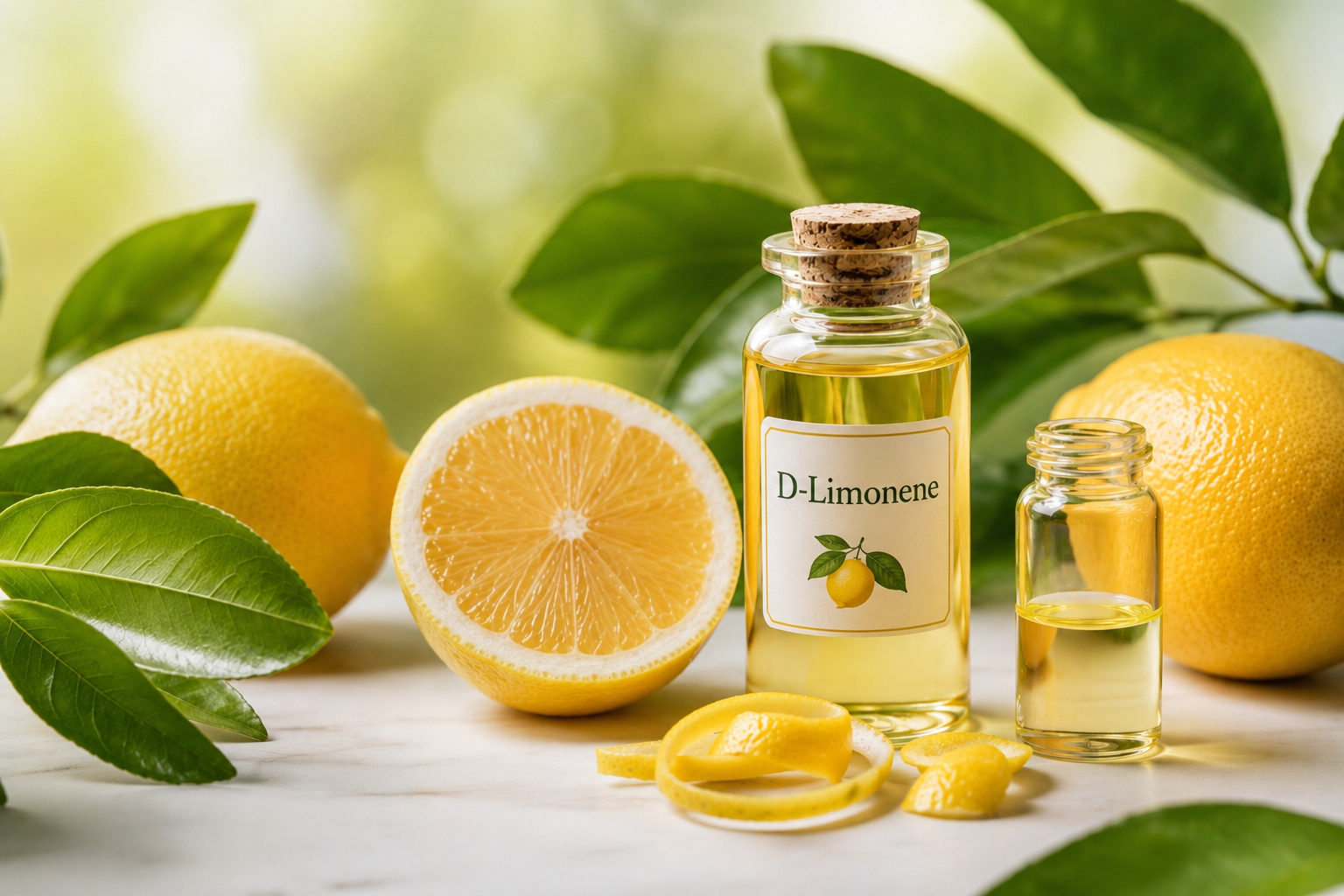 D-Limonene essential oil in a glass bottle surrounded by fresh lemons, lemon peel, and green citrus leaves on a bright natural background, illustrating the natural source, benefits, and applications of D-Limonene.