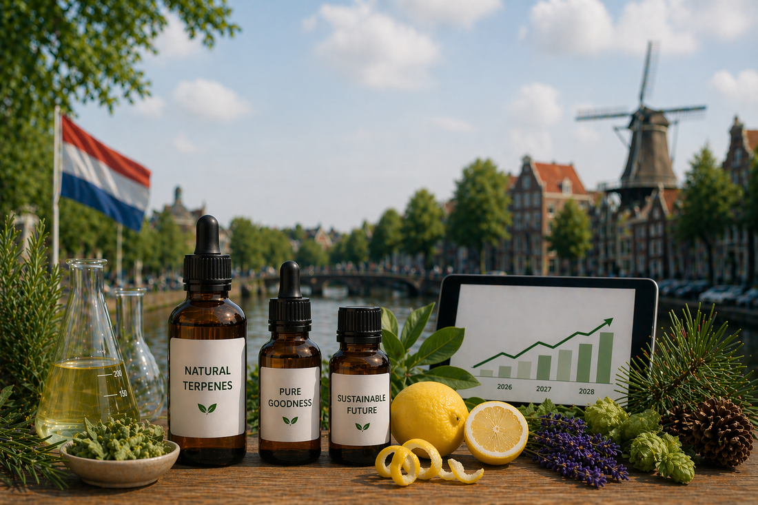 Terpene bottles with natural ingredients and a growth chart in a Dutch canal setting