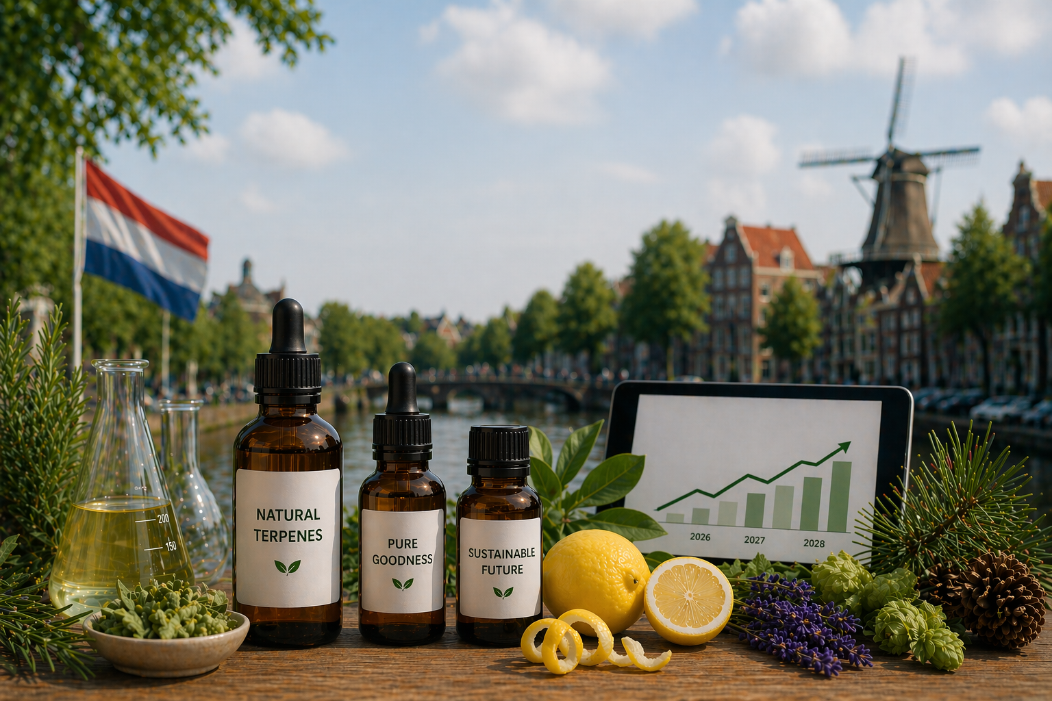 Terpene bottles with natural ingredients and a growth chart in a Dutch canal setting
