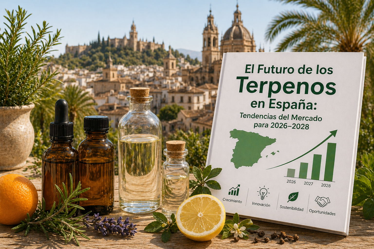 Flaconi di terpeni con agrumi ed erbe aromatiche su una terrazza spagnola, rapporto di mercato in spagnolo con un grafico che illustra l'andamento della crescita