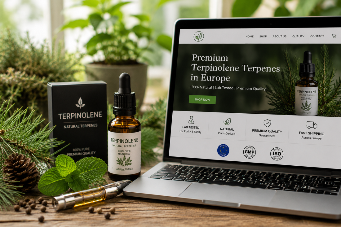 Premium terpinolene terpenes with natural botanicals and online supplier concept for the European market.