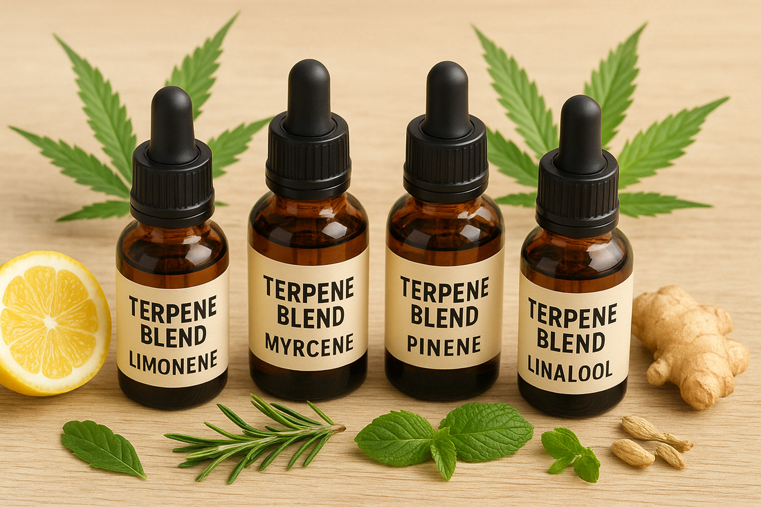 Amber bottles of terpene blends displayed alongside hemp leaves and natural botanical ingredients, representing terpene enhancements for CBD oils, vapes, and topicals in the UK.