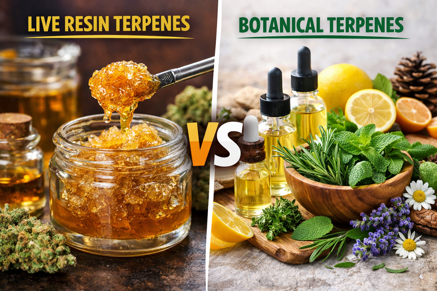Side-by-side comparison of live resin terpenes and botanical terpenes, showing cannabis extract on the left and natural plant-derived oils with herbs and citrus on the right.