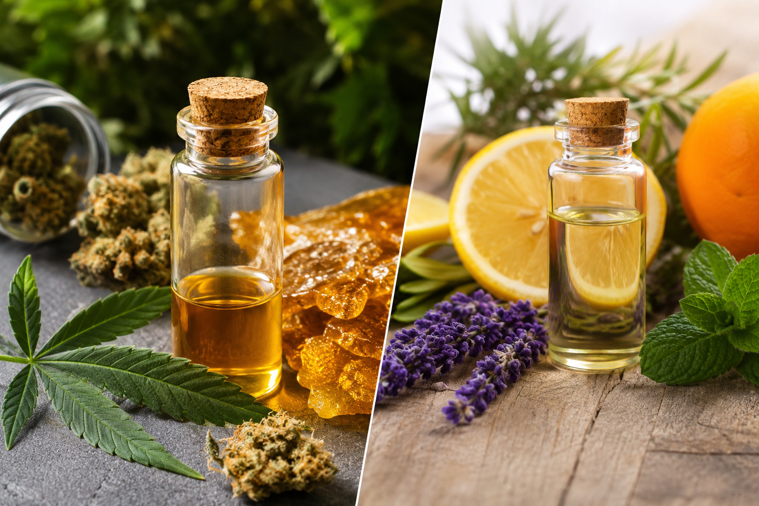 Aceites de resina fresca y aceites de terpenos botánicos con aromas de cannabis, cítricos, lavanda y menta.