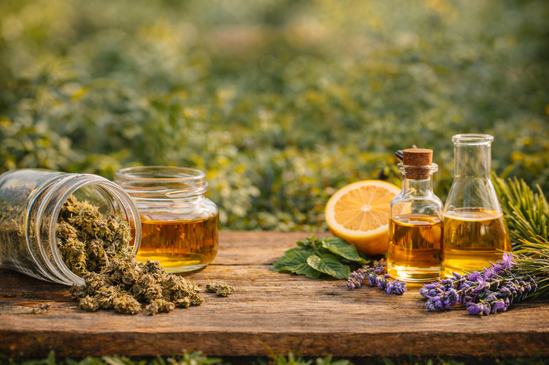 a wooden table with cannabis buds and a jar of amber extract on one side, and glass bottles of golden terpene oils surrounded by citrus slices, herbs, and flowers on the other, set against a soft, sunlit green background.