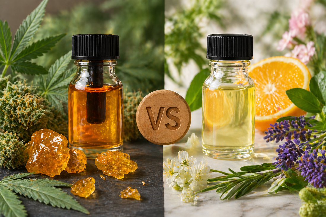 Close-up split composition of two glass bottles: on the left, amber liquid with cannabis buds and resin pieces; on the right, pale yellow liquid surrounded by citrus slices, lavender, and fresh herbs, symbolizing live resin vs botanical terpenes.