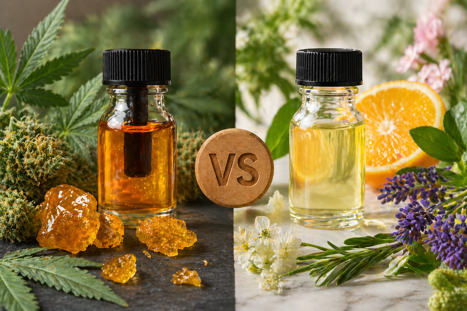 Close-up split composition of two glass bottles: on the left, amber liquid with cannabis buds and resin pieces; on the right, pale yellow liquid surrounded by citrus slices, lavender, and fresh herbs, symbolizing live resin vs botanical terpenes.