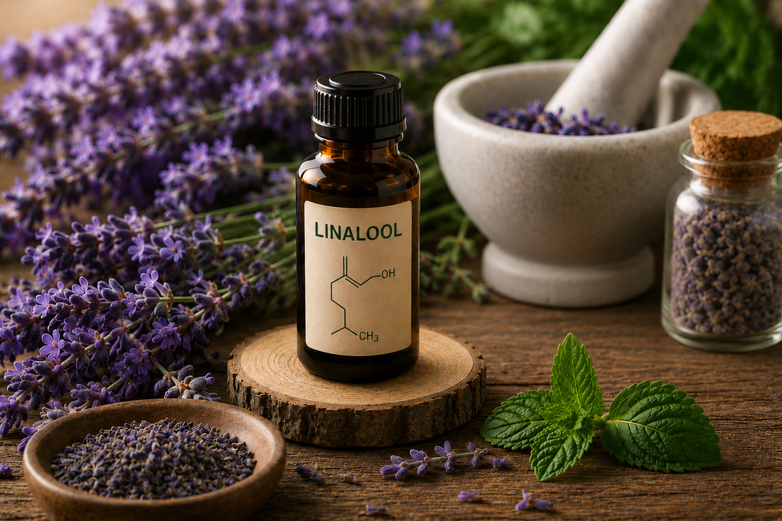 Linalool essential oil bottle surrounded by lavender and herbs on rustic wooden table