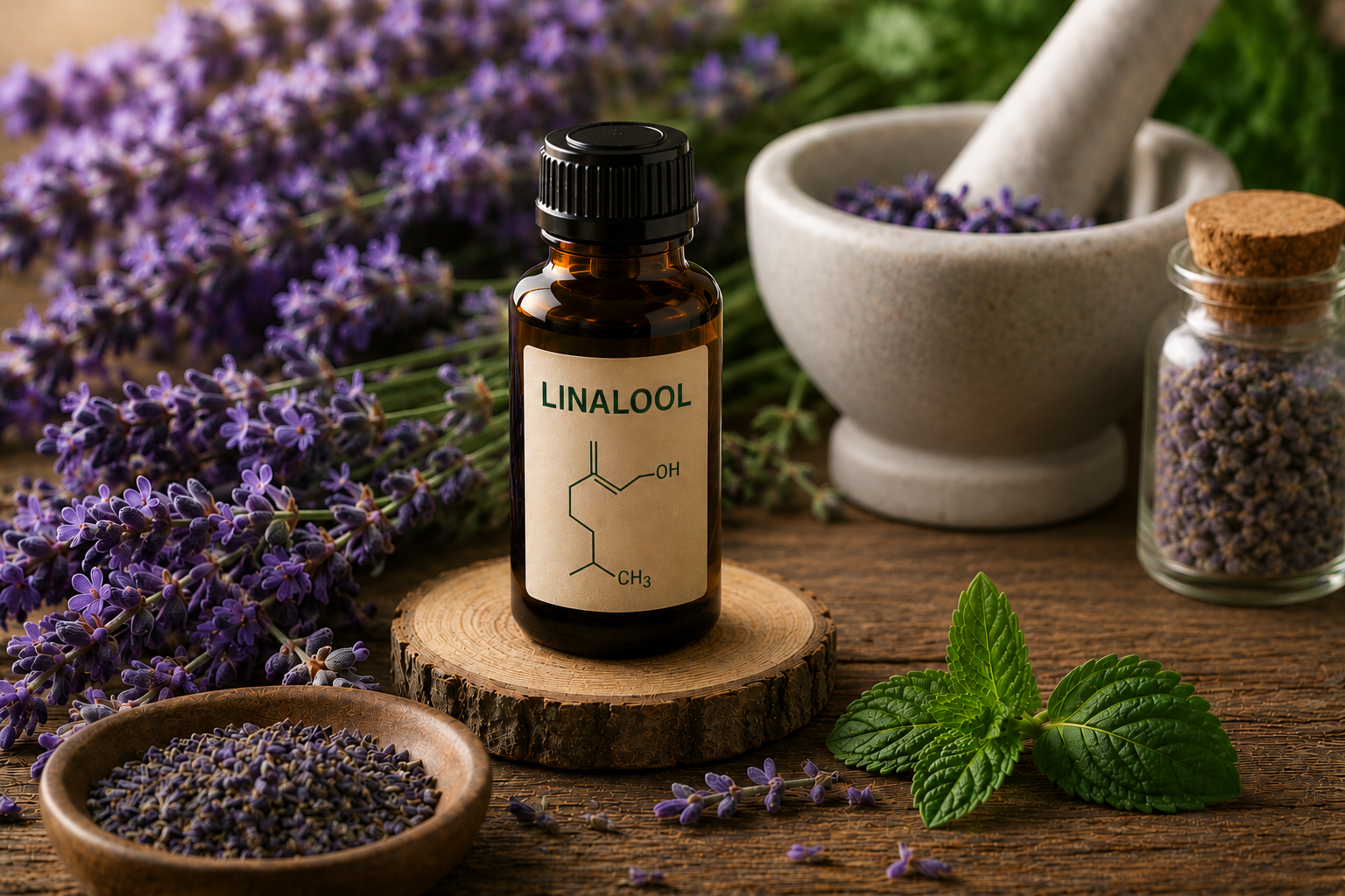 Un flacon d'huile essentielle de linalol, entouré de lavande et d'herbes aromatiques, posé sur une table rustique en bois