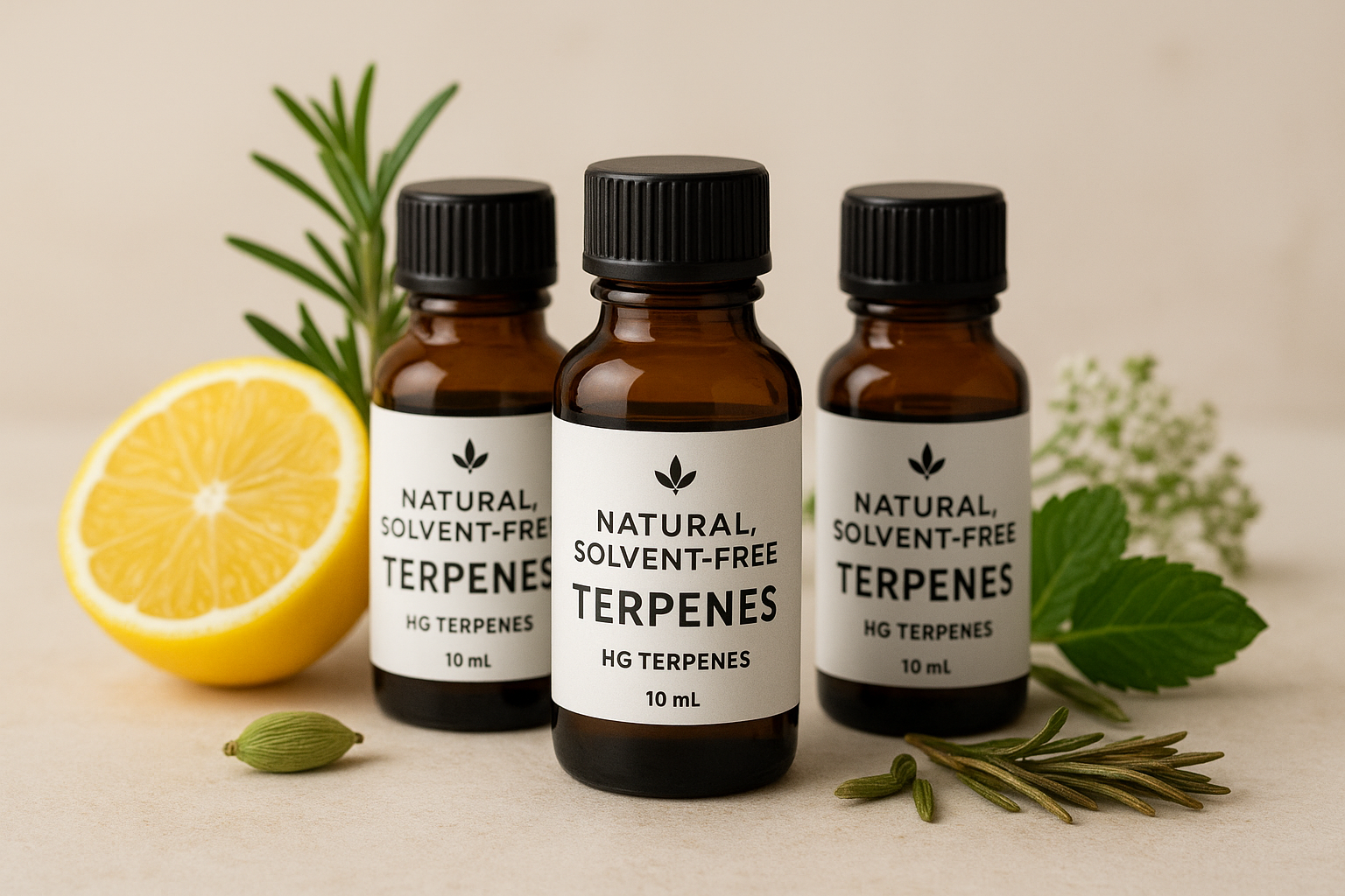 Bottles of natural, solvent-free terpenes from a UK supplier displayed with botanical ingredients, representing clean extraction methods and high-purity terpene quality.