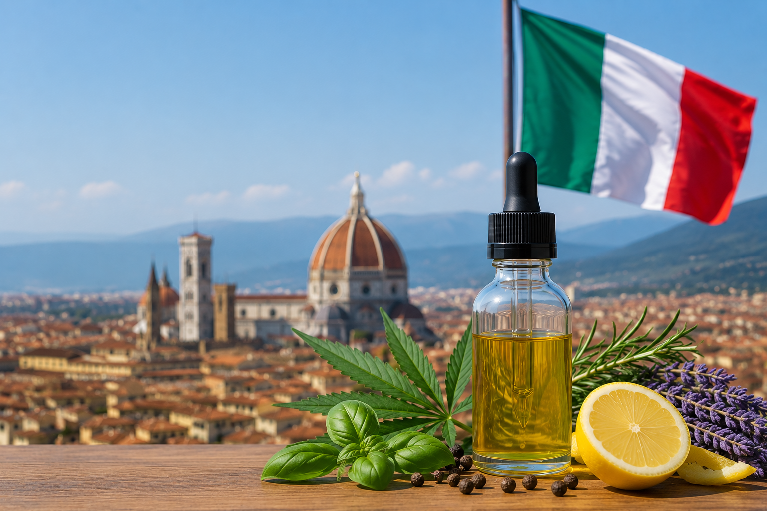 Frasco de aceite de terpenos naturales con hierbas y limón, con vistas a un paisaje urbano italiano y la bandera italiana.