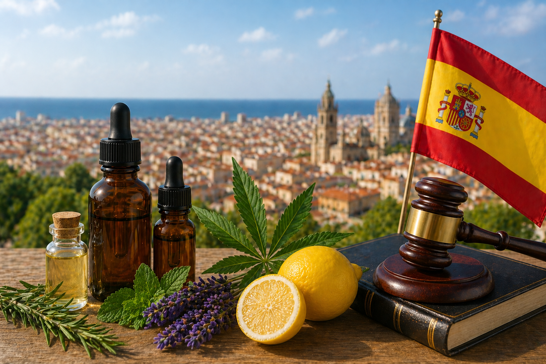 Aceites de terpenos naturales, hierbas y cítricos con una bandera española y un paisaje urbano de fondo.