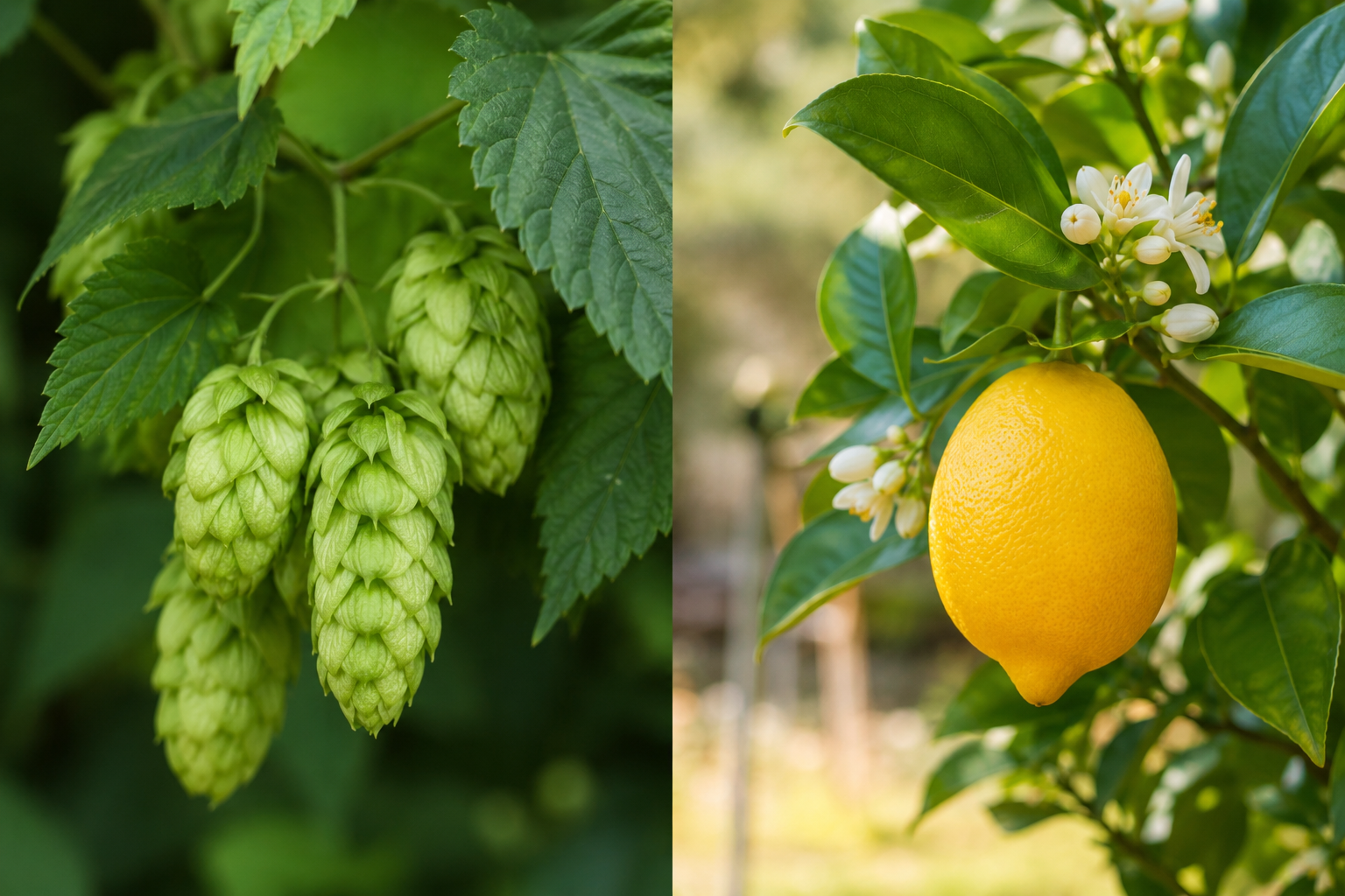 Myrcene vs Limonene terpene comparison with natural hops and fresh lemon macro photography.