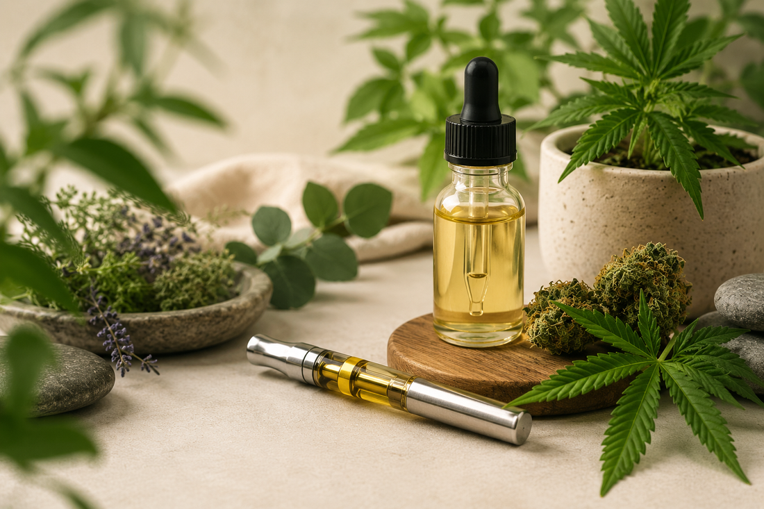 Terpinolene terpene wellness vape oil with cannabis leaves and natural botanical ingredients in a calming spa-inspired setting.