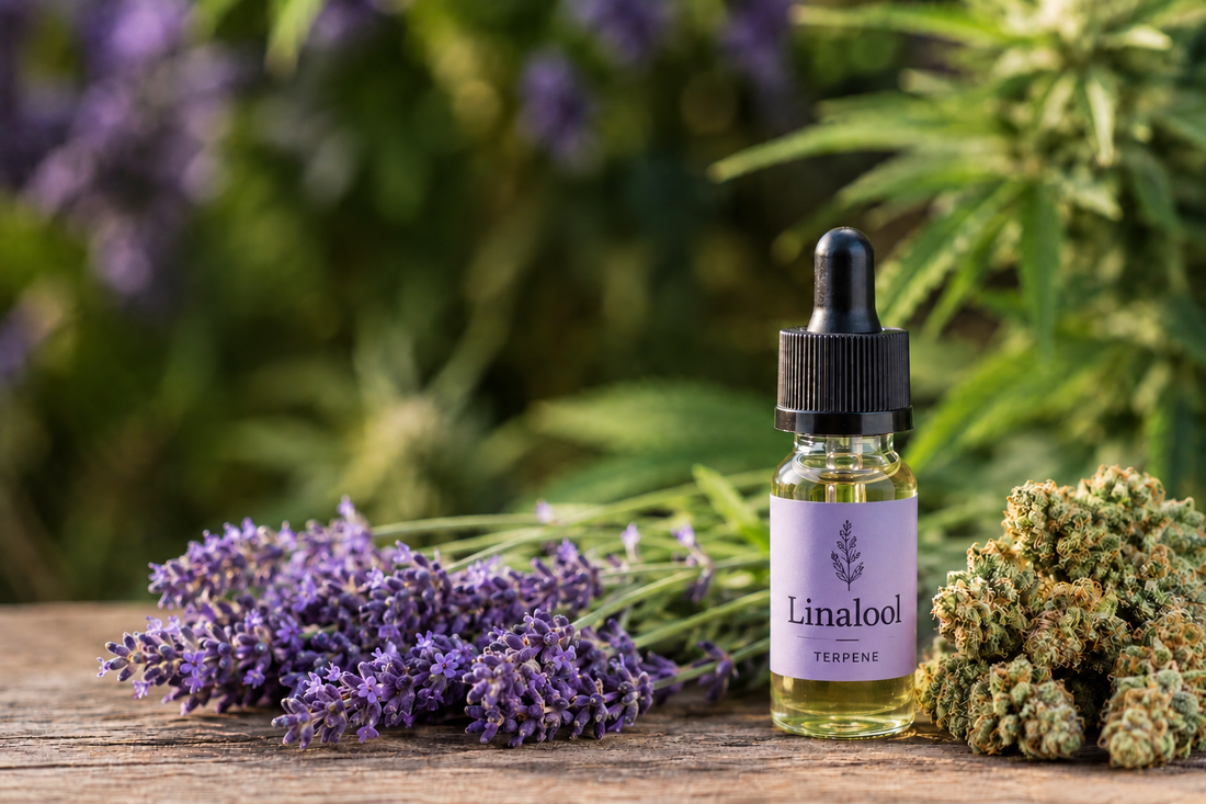Linalool terpene oil bottle with lavender and cannabis buds on a rustic wooden table outdoors.