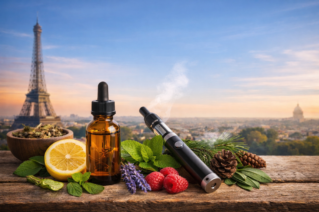 showing an amber dropper bottle and a sleek vape pen placed on a rustic wooden surface, surrounded by lemon, raspberries, mint, lavender, and pinecones, with the Eiffel Tower and Paris skyline softly blurred in the background.