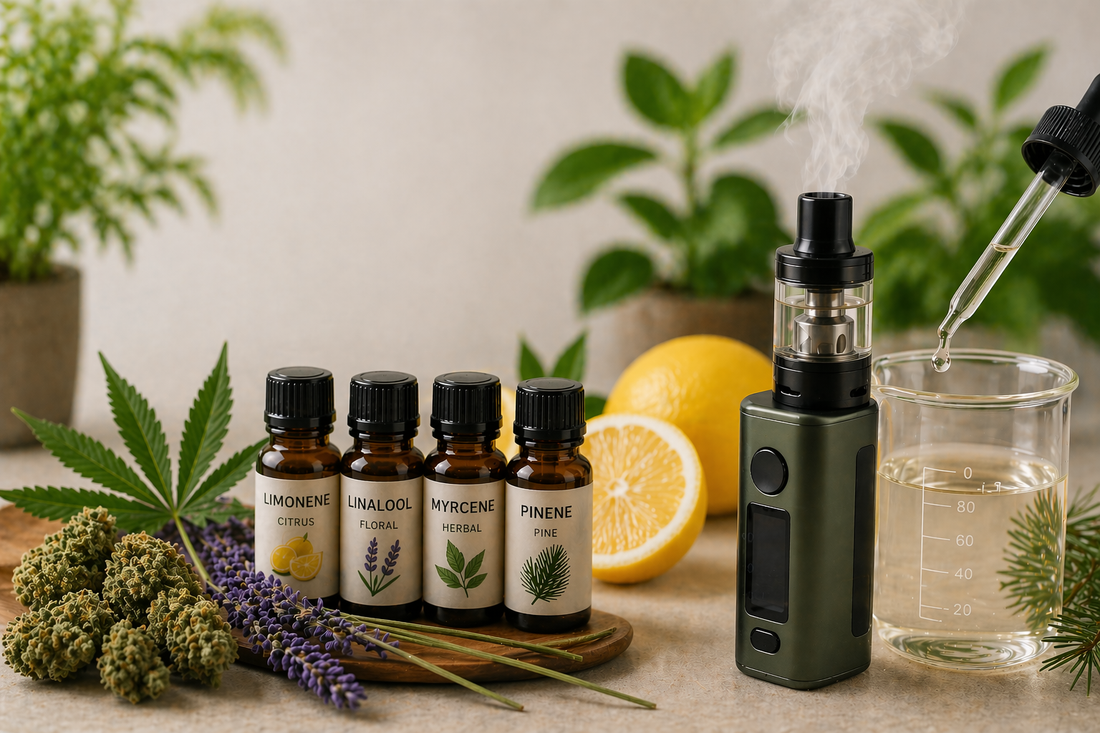 Natural still life of terpene bottles, herbs, lemon slices, and a vape device with glassware on a softly lit surface