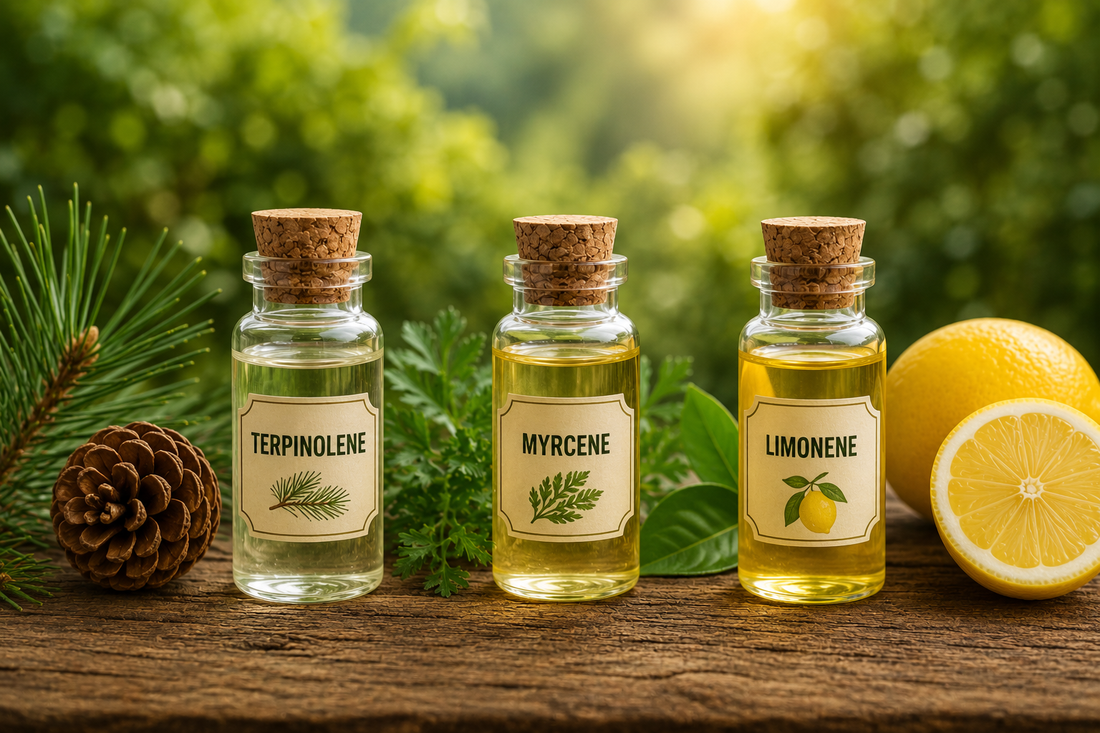 Natural macro scene with three terpene bottles on a rustic wooden surface, surrounded by pine, herbs, and citrus in soft sunlight.